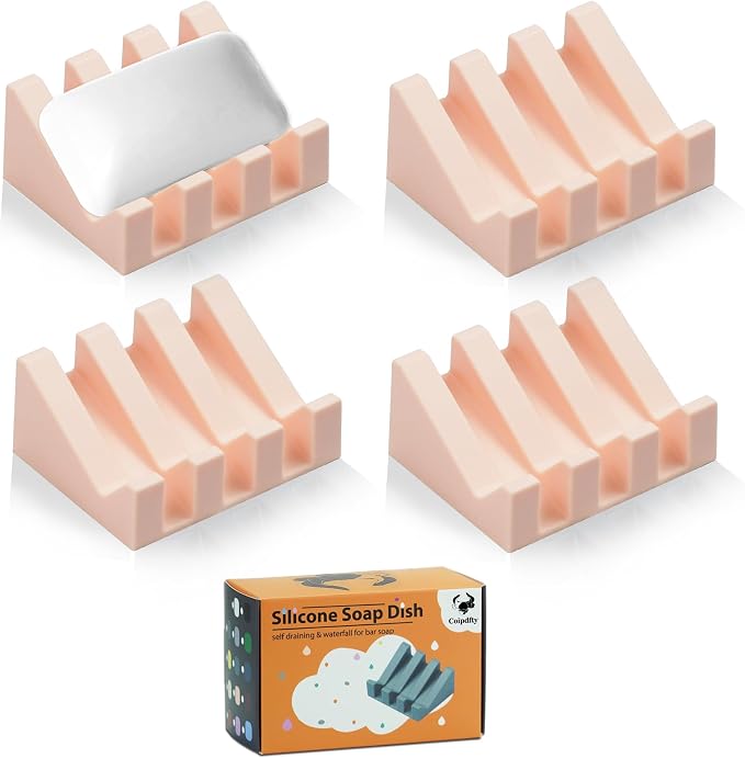 Self Draining Soap Dish Holder,Silicone Soap Dish,for Bathroom,Kitchen, Sponges，Can Extend Soap Life，Keep Soap Bars Dry and Easy Cleaning (N-Pink,4-Pack)