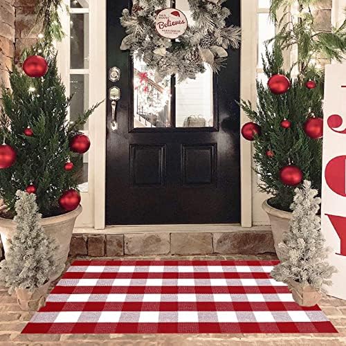 Christmas Red and White Plaid Door Mat, 3' x 5'Cotton Hand-Woven Layered Entry Mat for Front Porch, Entryway, Outdoor Holiday Decor, Washable Buffalo Check Doormat for Home, Patio, Kitchen