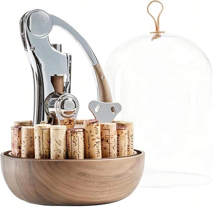 L'atelier Du Vin Oeno Motion Groom Corkscrew & Cork Dome Glass Cloche Display - Tabletop Centerpiece Walnut Wood Base Wine Tasting, Luxury Sommelier Gift Set, Wine Bottle Opener Designed In France