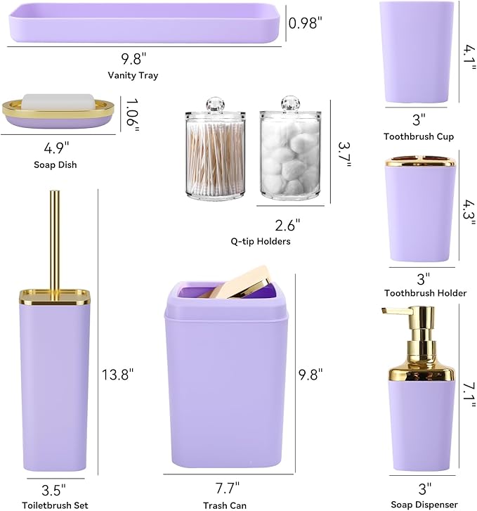 XLHOMO Bathroom Set, 9PC Bathroom Accessory Set, Purple Bathroom Accessories, Purple Bathroom Set, Trash Can, Soap Dispenser for Home Decor