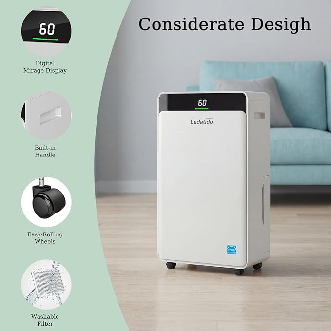 Ludatido 2026 Upgraded ENERGY STAR Dehumidifier, 80 Pint/Day, 5000 Sq.Ft for Whole Home & Basement, 1.72 Gal Tank, 35dB Quiet, Child Lock, Sleep/Fan/Dry Modes, 24H Timer & Auto Continuous Drain
