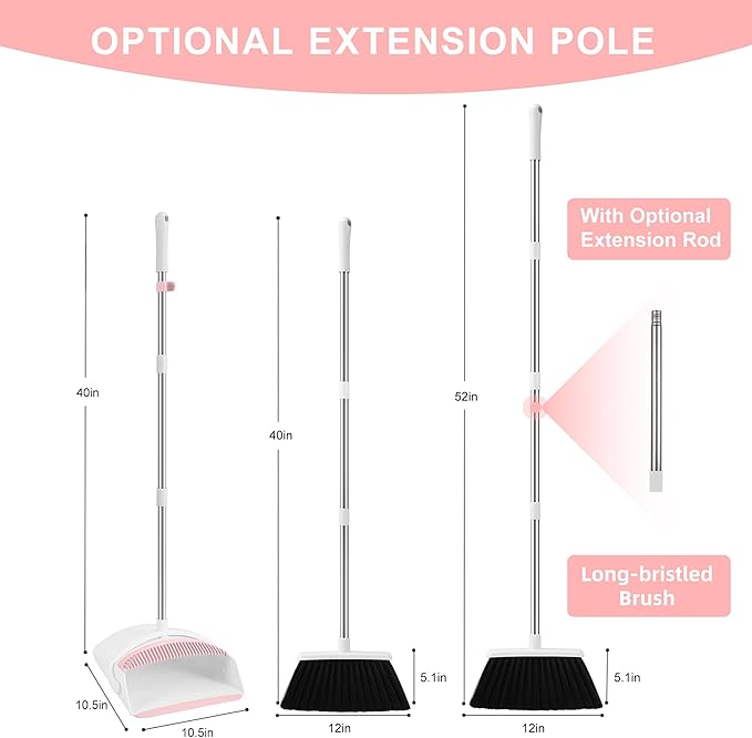 Broom with Dustpan Combo Set for Home, 52-in Long Adjustable Handle Angle Broom and Dustpan Set with Dustpan Comb Teeth for Sweeping Pet Hair Food Dirt Kitchen (White-Pink)