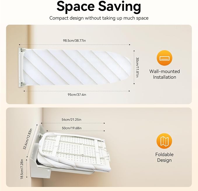 Foldable Cabinet Ironing Board Retractable White Ironing Station | Sturdy Load-Bearing Structure, Adjustable Rotation Design, Easy Install Compact Fold Size fit Wardrobe Drawer Cabinet Use