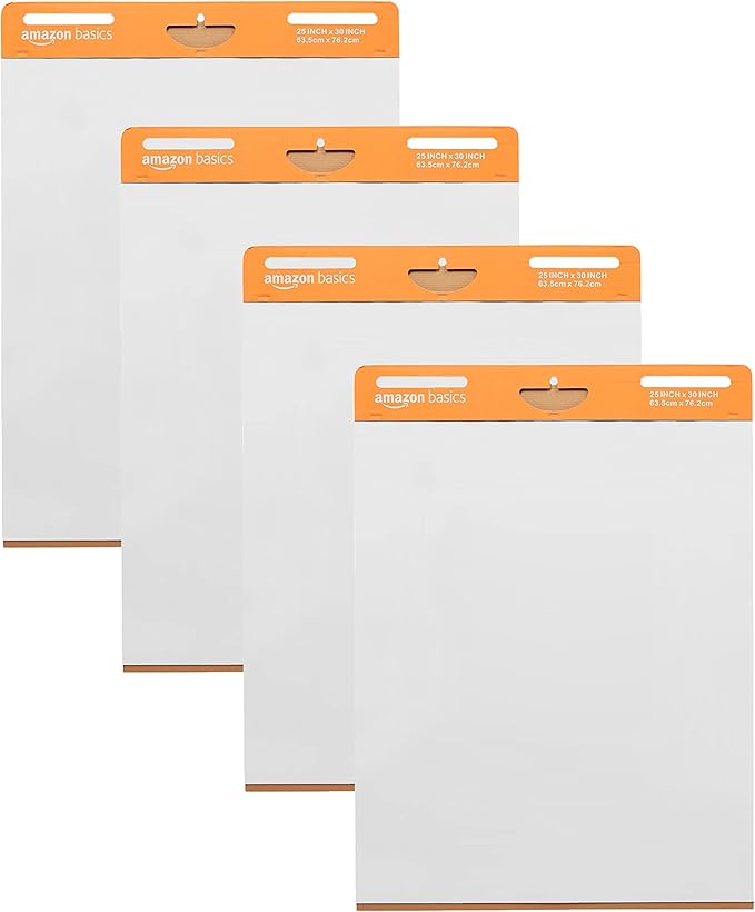Amazon Basics Sticky Easel Pads for Presentations, Whiteboard-Compatible, 25 x 30 Inch, Rectangular, White, 4-Pack