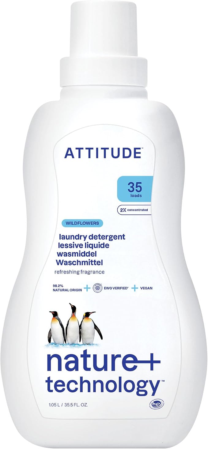 ATTITUDE Liquid Laundry Detergent, EWG Verified, HE Compatible, Plant-Based & Vegan, Natural Laundry Soap, Wildflowers Scent, 35 Loads, 35.5 Fl Oz
