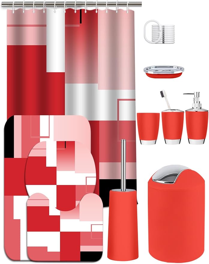 Lnond Red Bathroom Set, 22-Piece Red Geometry Bathroom Decor Set with with Shower Curtain and Rugs, Trash Can, Toilet Brush Holder Set & Soap Dispenser