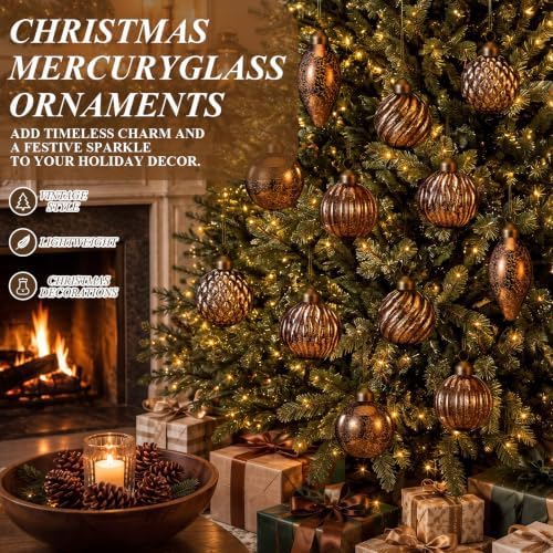 Syhood 18 Pcs Brown Christmas Mercury Glass Balls Ornaments, 6 Styles