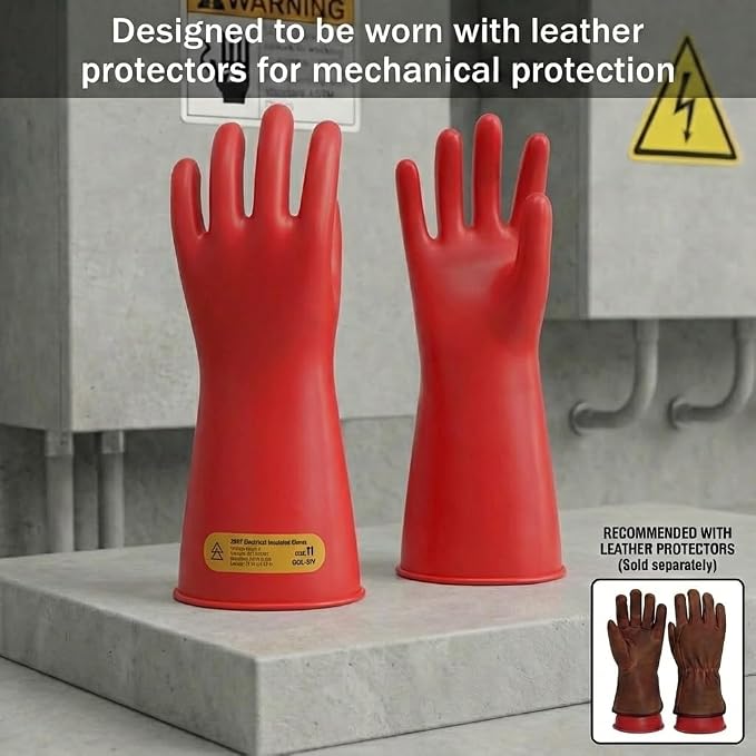 Class 2 High Voltage Electrical Insulated Gloves, 20KV Tested (Max Use 10KV) - Heavy Duty Rubber Electrician Gloves for EV Hybrid Car Repair, Lineman Work & Industrial Maintenance - Red Latex
