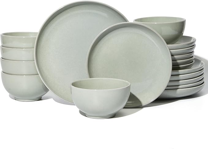 Pokini 18 Piece Dinnerware Set for 6, Reactive Glaze Terracotta Plates and Bowls Set, Large Family-Sized Stoneware Dish Set for Gatherings, Chip and Scratch Resistant, Slate Green