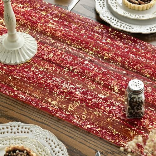 Artoid Mode 6PCS Red Gold Gauze Table Runner 120 Inch 10FT, Glitter Metallic Foil Sheer Dining Wedding Anniversary Holiday Table Decor for Home Party