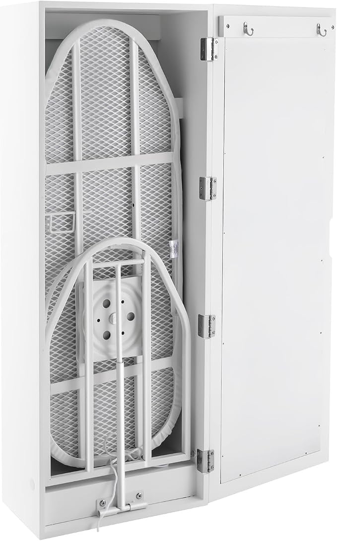 Wall Mounted Ironing Board with Storage Cabinet, Built-in 180° Swivel Foldable Ironing Board and Mirror Door, White Ironing Station Organizer for Home, Apartment, Laundry Room, Small Spaces