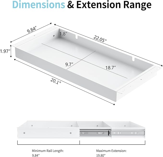 Under Desk Drawer,20.1 inch Carbon Steel Slide-Out Under Table Storage Organizer With Full Extension Ball-Bearing Slides,Undermount Drawer For Standing Desk & Home Office,White