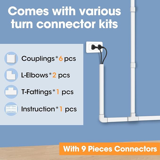 YesBes 116in Cord Hider Kit, Cord Covers for Wires on Wall, Paintable Cable Raceway, Cord Hider for Wall Mount tv, tv Cable Hider Wall kit, Wire Covers for Cords, W0.96in X H0.57in, White