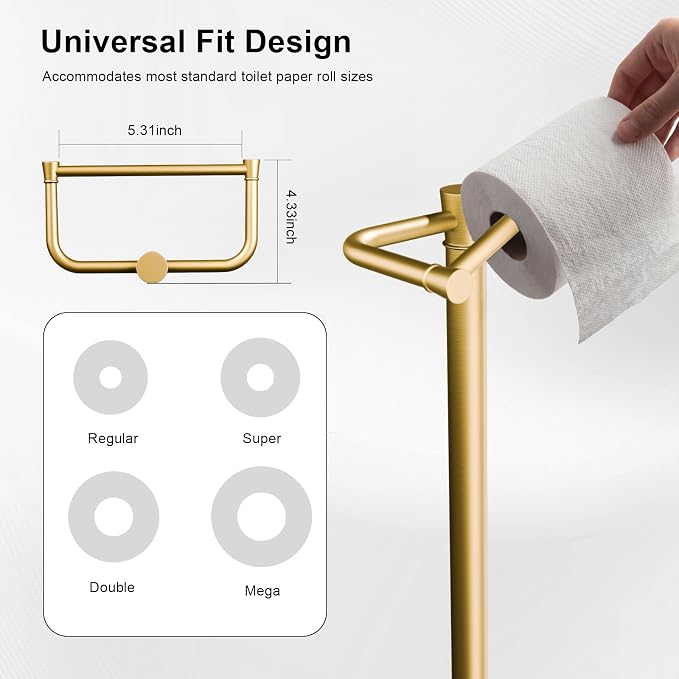 Freestanding Toilet Paper Holder Stand, Heavy Duty Brushed Brass Stainless Steel Toilet Paper Holder with Weighted Base, Rustproof & Tool-Free Installation for Modern Bathrooms