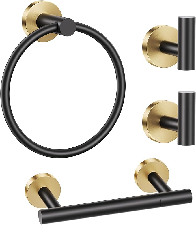 Black Gold Bathroom Hardware Set, 4-Piece Towel Holder Set Include Double Bases Toilet Paper Holder,Towel Ring and 2 Towel Hooks Stainless Steel Wall Mounted Bathroom Hardware Accessories Set