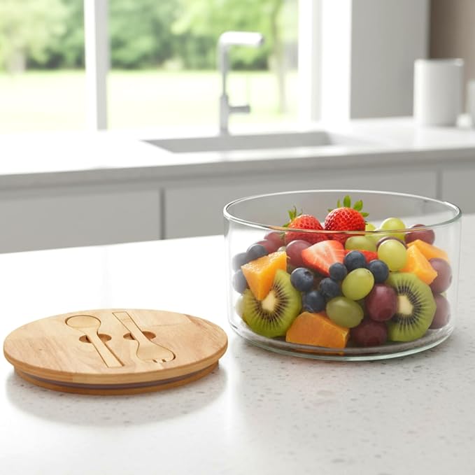215oz Extra Large Glass Trifle Bowl with Sealing Lid 10 Inch Large Salad Bowl with Wood Serving Utensils Versatile Mixing and Serving Container for Laying Ice Cream Cake Fruit Dessert