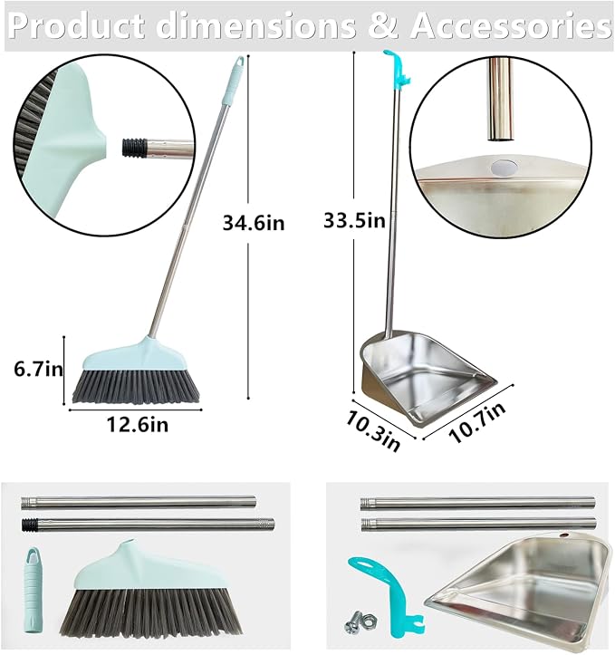YAYOU Dust Pan and Broom Set for Home, 33.5'' Premium Quality Heavy Duty Stainless Steel Dustpan with Long Handled, Elegant Stand Up Design, Sturdy Dustpans Home/ Lobby/ Shop/ Office, Broom, Silver