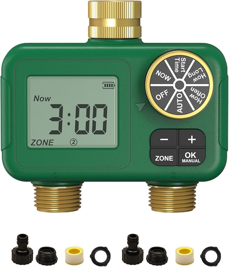 MOES 2 Zone Water Timer for Garden Hose, 3/4 in Brass Inlet and Outlets, Battery Operated Sprinkler Timer, Dual Outlet Faucet Valve, Rain Delay, Manual Watering, Non-WiFi