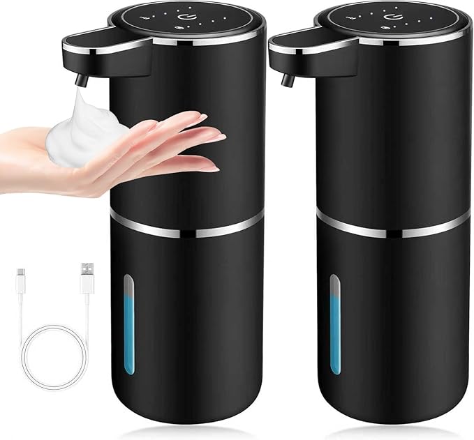 VZZNN 2 Pack Automatic Soap Dispensers,12.8oz/380ml USB Touchless Automatic Foaming Soap Dispenser,Rechargeabled Wall Mounted Smart Soap Dispenser for Bathroom Kitchen Dish Soap(Black)
