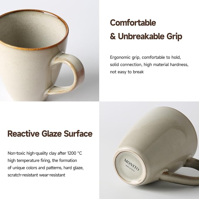 MONITO 17oz Ceramic Coffee Mugs Set of 4, GrayYellow Large Mugs with Handle | Mugs with Gold Rim for Latte,Tea&Cocoa,Dishwasher&Microwave Safe,Reactive Glaze Cups,Ideal Gift for Office and Home Use