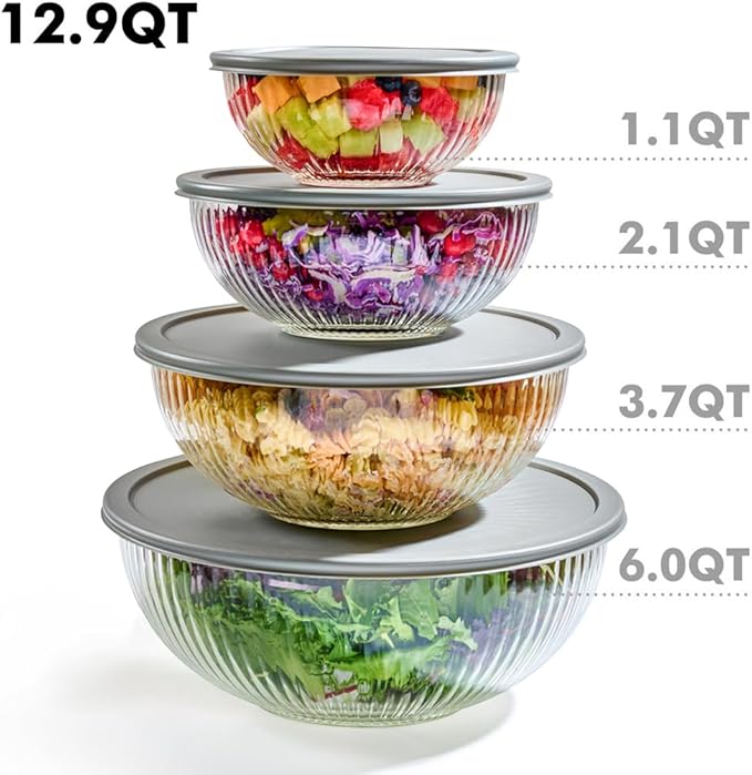 8pc Ribbed Glass Mixing Bowls with Leakproof Airtight Lids - BPA-Free Meal Prep Stackable Space Saving Nesting, Kitchen Baking Food Storage & Serving Containers - Microwave, Freezer, Dishwasher Safe.