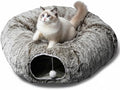 AUOON Plush Cat Tunnel Bed for Indoor Cats, 36" L x 36" W x 11.5" H, Brown | 2 in-1 Interactive Cat Toy, with Hanging Ball Toy, Machine Washable Center Pad, for Kitten Puppy Rabbit Ferret