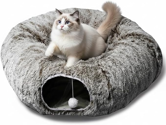 AUOON Plush Cat Tunnel Bed for Indoor Cats, 36" L x 36" W x 11.5" H, Brown | 2 in-1 Interactive Cat Toy, with Hanging Ball Toy, Machine Washable Center Pad, for Kitten Puppy Rabbit Ferret