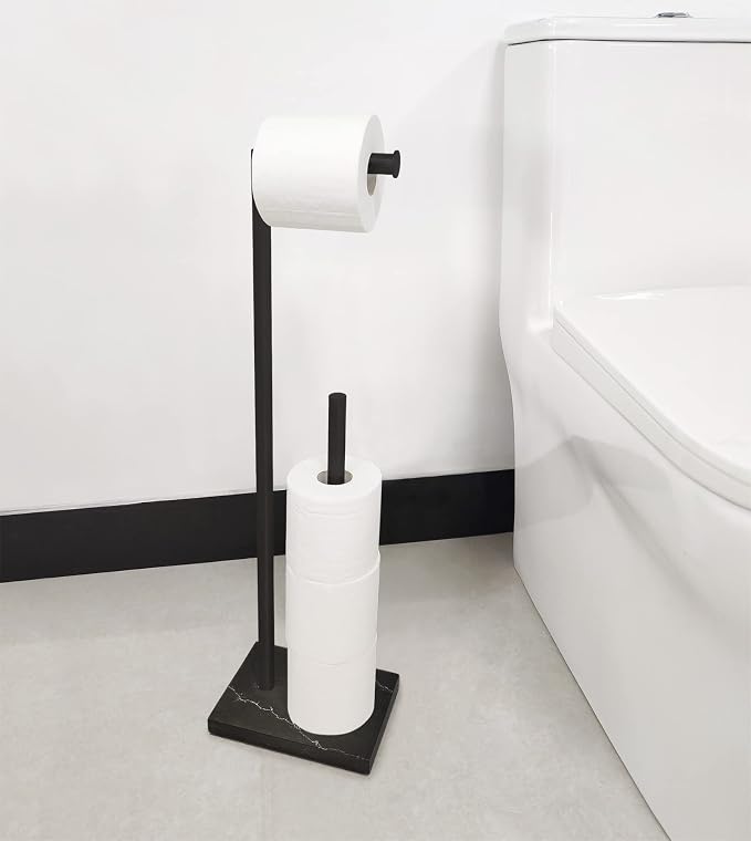 Gzila Free Standing Toilet Paper Holder Stand with Reserve, Heavy Weighted Marble Design Base SUS304 Stainless Steel… (Black)