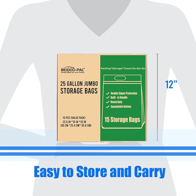 BEIDOU-PAC 25 Gallon Jumbo Storage Bags with Handle, 15 Count | Double Zipper Seal | Expandable Bottom, Resealable Clear zip Bags for Home, Travel, Moving, Commercial and Outdoor