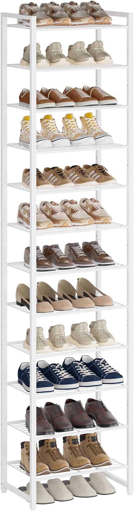Nunsino Narrow Shoe Rack, 12-Tier Metal Shoe Organizer,Tall Shoe Shelf with Anti-Tip Strap, Max Holds 24 Pairs,Space Saving for Closet,Entryway,White