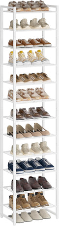 Nunsino Narrow Shoe Rack, 12-Tier Metal Shoe Organizer,Tall Shoe Shelf with Anti-Tip Strap, Max Holds 24 Pairs,Space Saving for Closet,Entryway,White