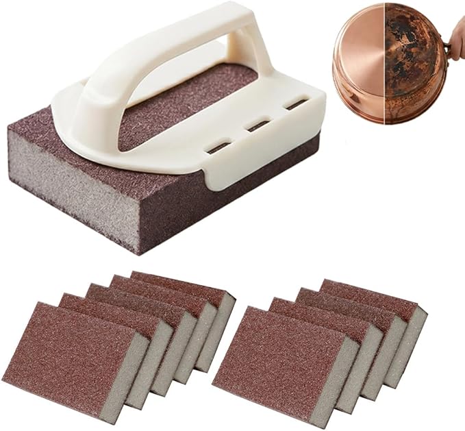 Magics Emery Cleaning Sponge, Pot Scrubber Carborundum Sponge with Handle, Cleaning Eraser Scrub Pads for Cleaning Pots and Pans, BBQ Grill Dish Brush Scouring Pads (Beige 10pcs)