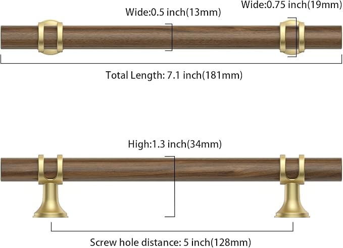 Asidrama 10 Pack 5 Inch(128mm) Wood and Gold Cabinet pulls Kitchen Cabinet Handles, Cabinet Pulls Kitchen Cabinet Hardware for Cupboard Drawer Pulls