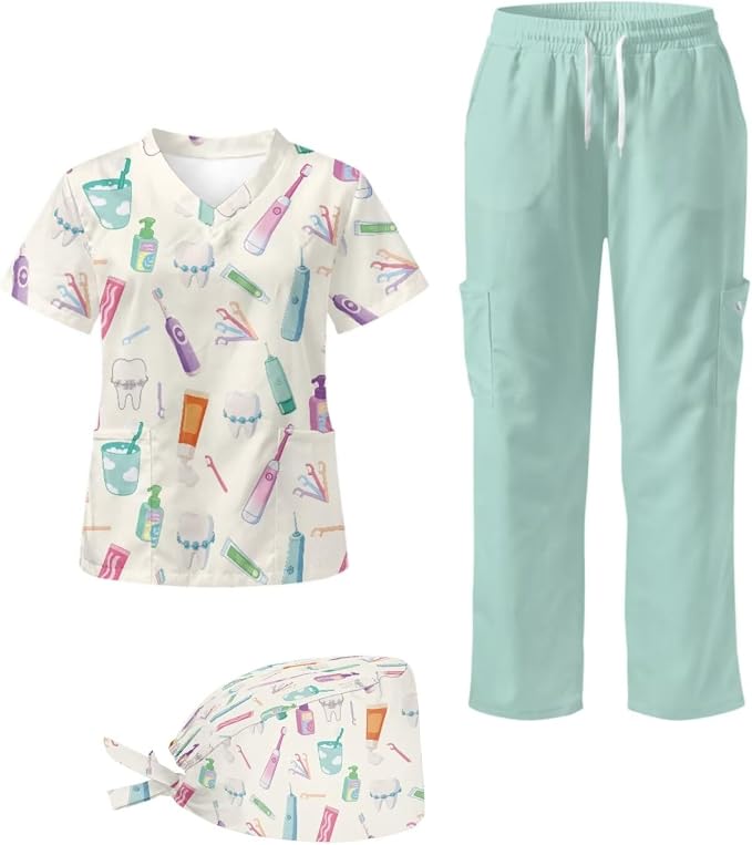Gomyblomy Women's Scrubs Suit 3-Piece Set | Teeth Print V-Neck Top & Pants & Cap, Breathable and Stretch Fabric, S-5XL