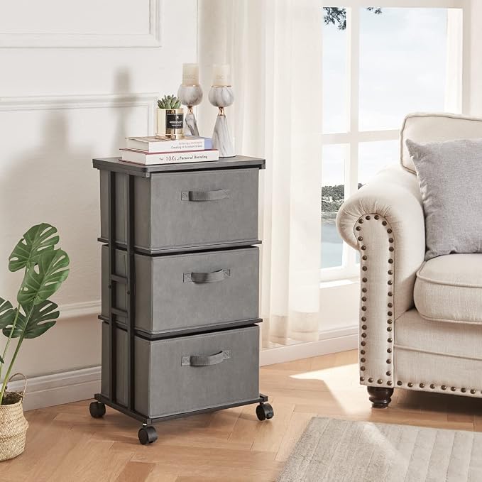 MAX Houser Dresser Tower with 3 Drawers, Grey | Fabric Storage Organizer Unit, Chest of Drawers with with WoodTop, Small Vertical Storage for Guest Room, Closet, Entryway
