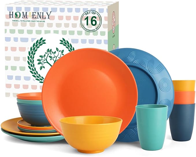 Homienly Dish Set Wheat Straw Dinnerware Sets Unbreakable Reusable Dinnerware Set 16 PCS Cups Plates and Bowls Sets, Microwave and Dishwasher Safe Dishes for Camping, Outdoor - Colorful