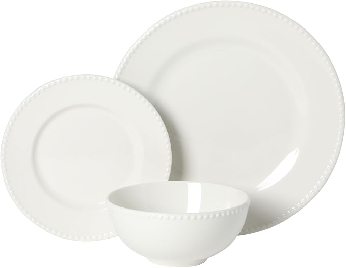 Gibson Home Caviara Plates and Bowls Set, 12-Piece Dinnerware Set, White Round Beaded Rim Ceramic Dish Set, Dinner Plates, Salad Plates & Cereal Bowls