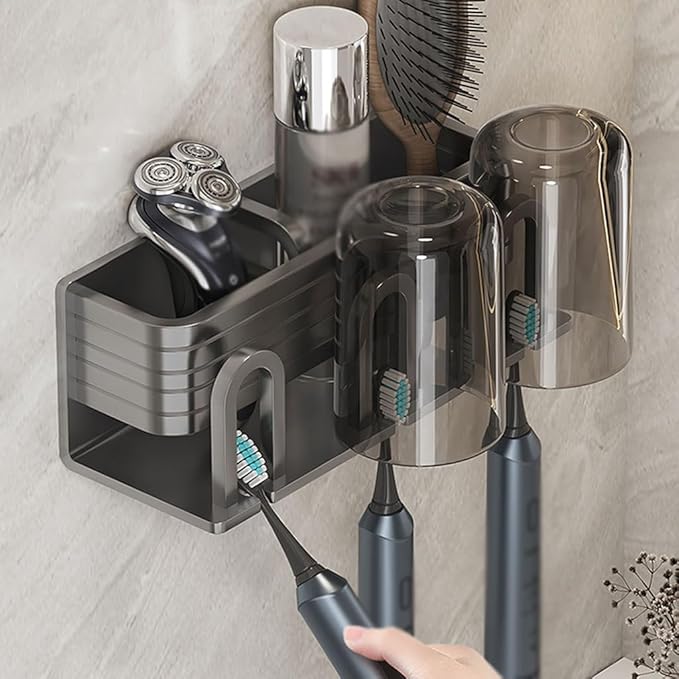 Toothbrush Rack Gun Gray Aluminum Toothbrush Holder Bathroom Wall Mounted Toothpaste Holder Makeup Brush Storage Rack with Cup Bathroom Toothbrush Holder(S20cm)