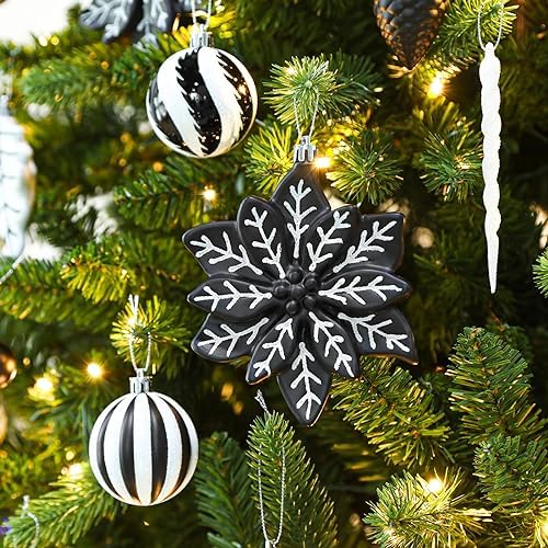 SHareconn 106PCS Christmas Balls Ornaments Set, Colorful Shatterproof Plastic Decorative Baubles for Xmas Tree Decor Holiday Wedding Party Decoration with Hanging Hooks, Black & White