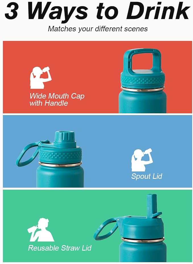 Coolflask Water Bottle 24 oz Insulated with Straw, Stainless Steel Metal 3 Lids Water Flask Wide Mouth for Sports or Office, Non-BPA Keep Cold Up to 48 Hrs or Hot Up to 24 Hrs, Indigo Blue