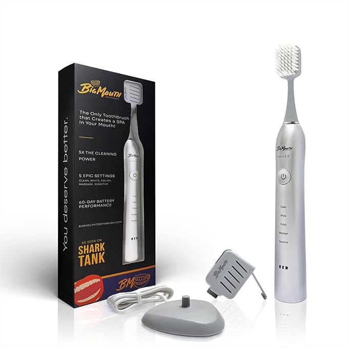 BIG MOUTH TOOTHBRUSH Dr Bobbi Electric Toothbrush for Adults | Ultrasonic Rechargeable Toothbrush with 5 Cleaning Modes & 2-Minute Smart Timer | Retains 42-Day Battery | Travel-Friendly Platinum