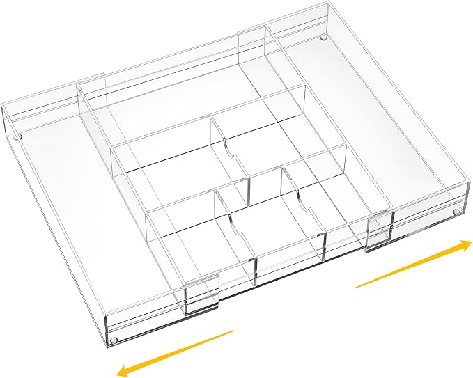 Briwooody 1 Pcs Acrylic Desk Drawer Organizer 9'' up to 18'' x 12'' x 2.1'' Expandable Drawer Organizer Trays with 8 Adjustable Compartments Clear Desk Accessories for Makeup Office Bathroom