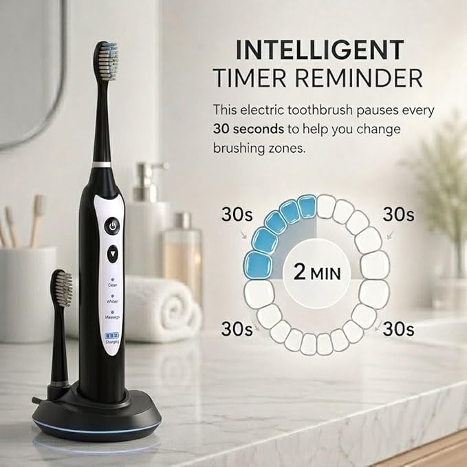 Sonic Electric Toothbrush for Adults, Rechargeable Power Toothbrush with 5 Replacement Heads, Travel Case, 3 Modes, 2 Minute Timer, IPX7 Waterproof Cordless Electric Toothbrush | Black