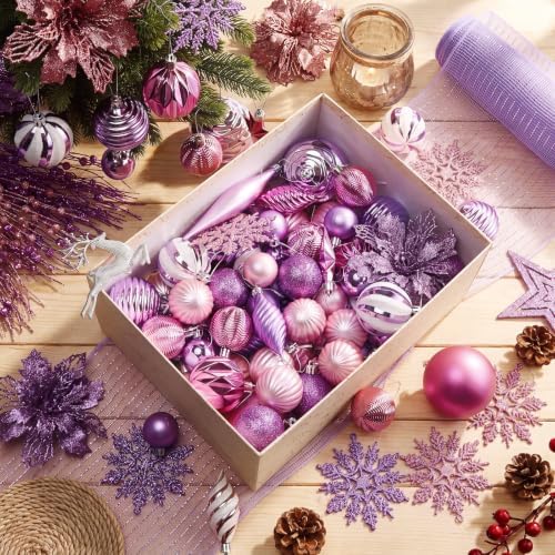 CroBlissful 118 Pcs Pink Purple Christmas Tree Decoration Set Including Ornaments Ball, Mesh Ribbon, Snowflakes Icicle, Top Star, Deer, Flower, Berries Stem Pastel Christmas Decoration for Xmas Trees