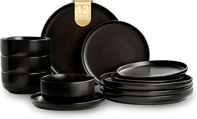 EWFEN Plates and Bowls Sets, 12 Pieces Ceramic Dinnerware Set for 4, Stoneware Dishware Dishes Set, Scratch Resistant Dishes Set, Dishwasher & Microwave Safe, Black
