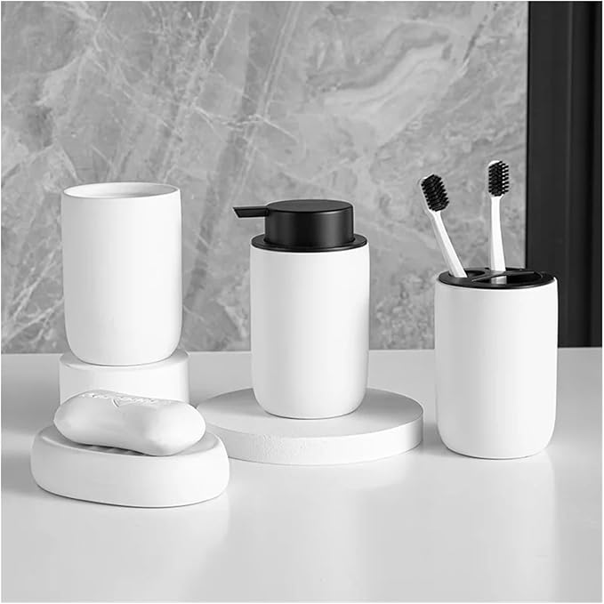 4pcs Modern Ceramic Bathroom Set Bath Lotion Bottle Press Hand Sanitizer Mouthwash Cup Toothbrush Holder Soap Dish(White)