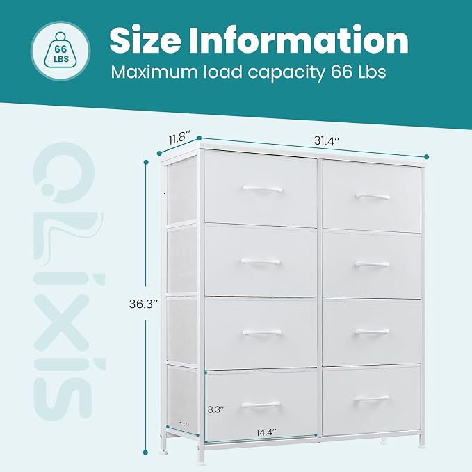 OLIXIS Dresser for Bedroom, 8 Storage Drawers, Tall Large Fabric Storage Tower Organizer, Chest of Drawers with Metal Frame Wooden Top for Nursery, Closet, Living Room, Entryway, White