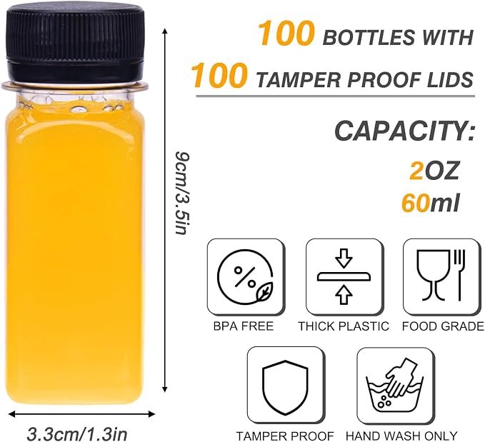 TOMNK 100pcs 2oz Plastic Shot Juice Bottles with Caps, Reusable Clear Bulk Beverage Containers for Ginger Shot, Juice, Milk and Other Beverages