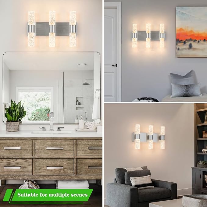Modern Vanity Light, LED Vanity Light Fixture Brushed Nickel, Crystal Bathroom Lighting Fixtures over Mirror, Wall Lighting Fixtures for Bath, Wall Sconce for Bedroom Living Room, 27W Warm White