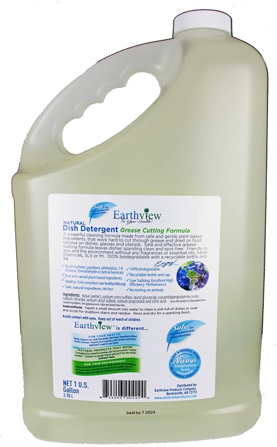 Fragrance Free, Free & Clear, Liquid Dish Soap, 128 Fl Oz (1-Gallon) |For Environmental Sensitivities (MCS, EI, free of MI, Sulfate, SLS) Sensitive Skin, Plant Based, Unscented